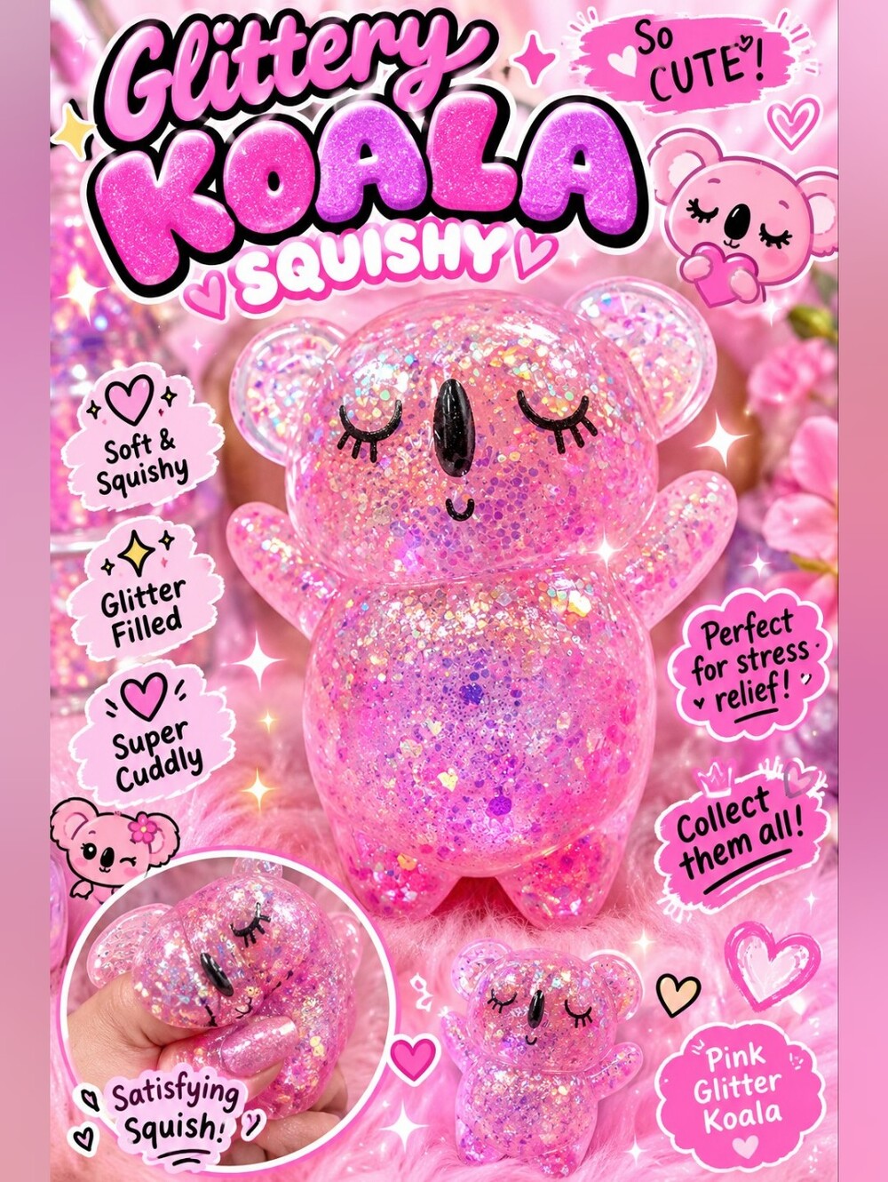Koala Bear Glitter Squishy (Pink) 🩷✨️